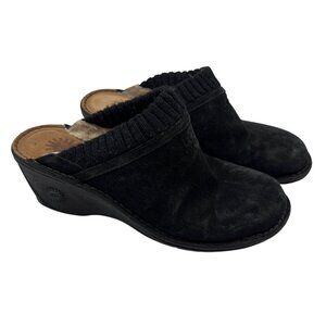 Ugg Knitted Cuff Shearling Lined Suede Wedge Mules Size 8 Black